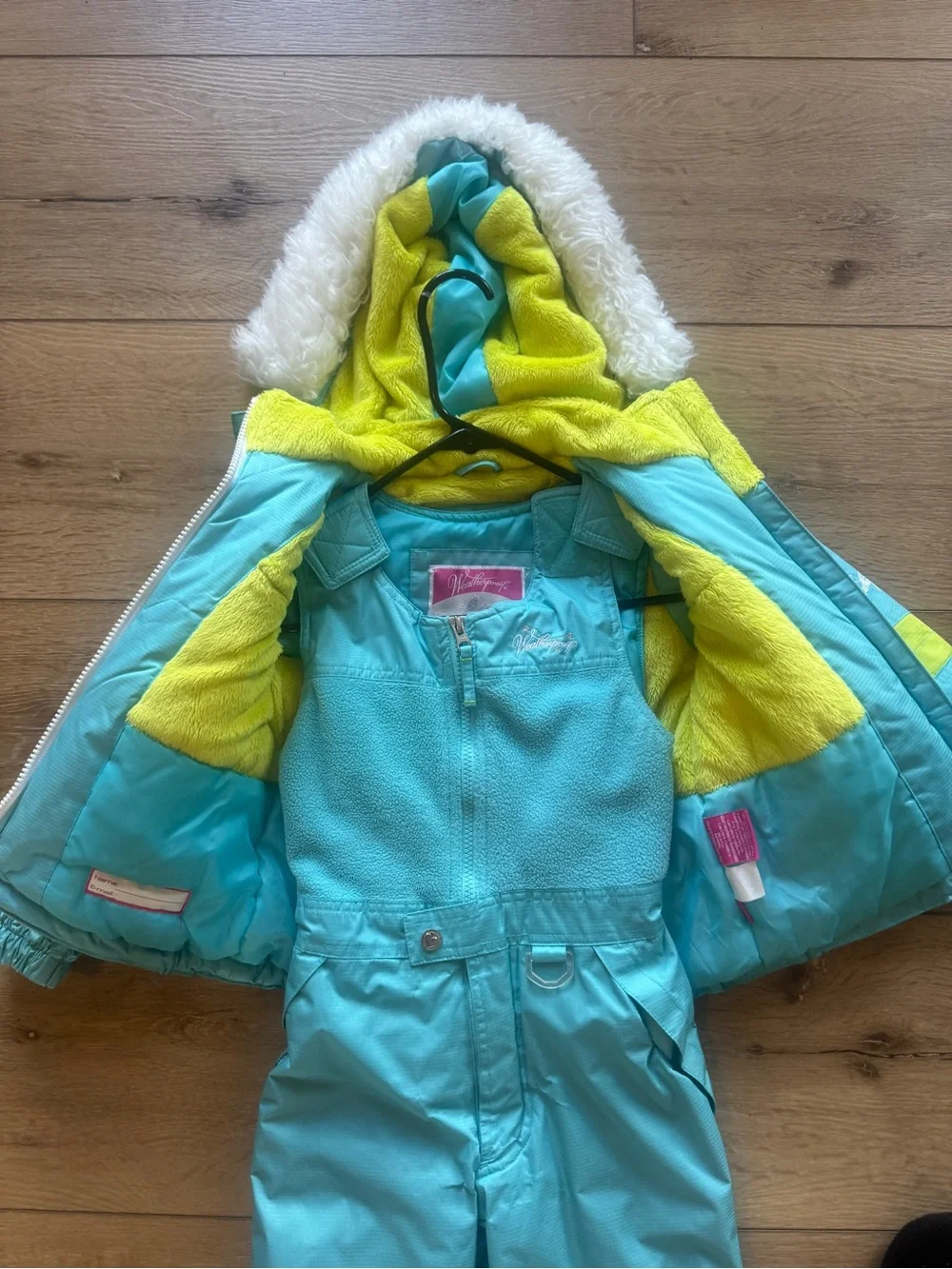 Weatherproof Kids Teal and Lime Snow Suit with Faux Fur Hood